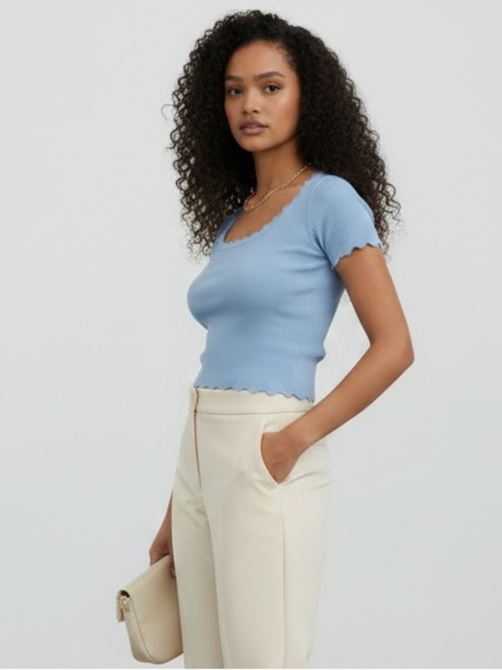 Light Blue Ribbed Scoop Neck Crop Top - Brand